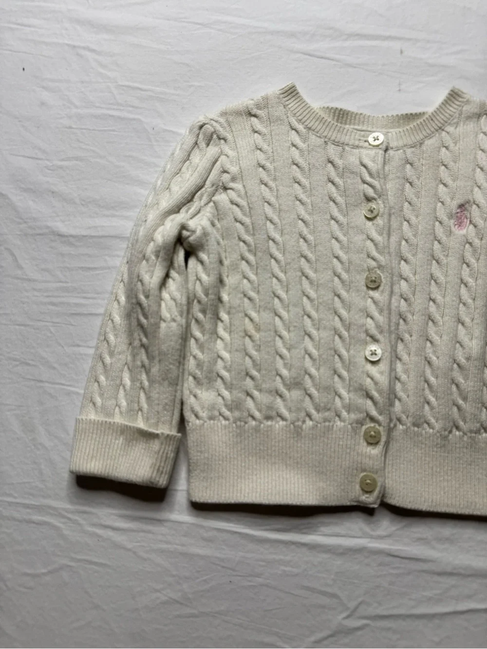 Ralph Lauren - Cream Cable Knit Button-Up Cardigan with Subtle Embroidery
